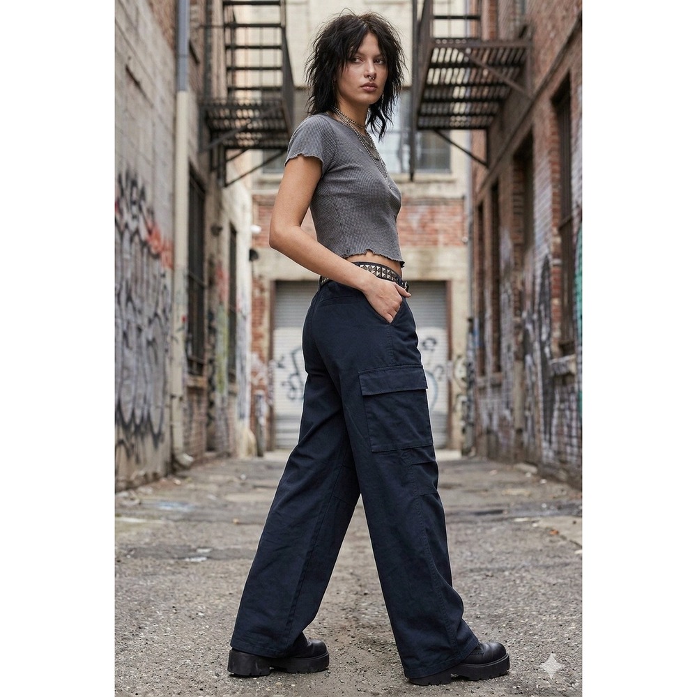 Streetwear Goth Retro 90s Black Wide Leg Cargo Pants Size 4 Grunge‎ 31x31 Cotton
